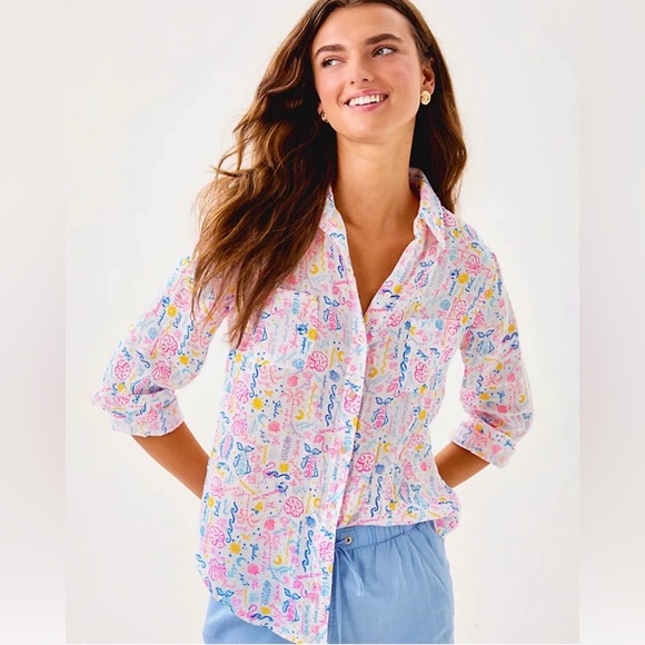 Lilly Pulitzer Tops - LILLY PULITZER Seacoast Linen Button Down Top Size Large